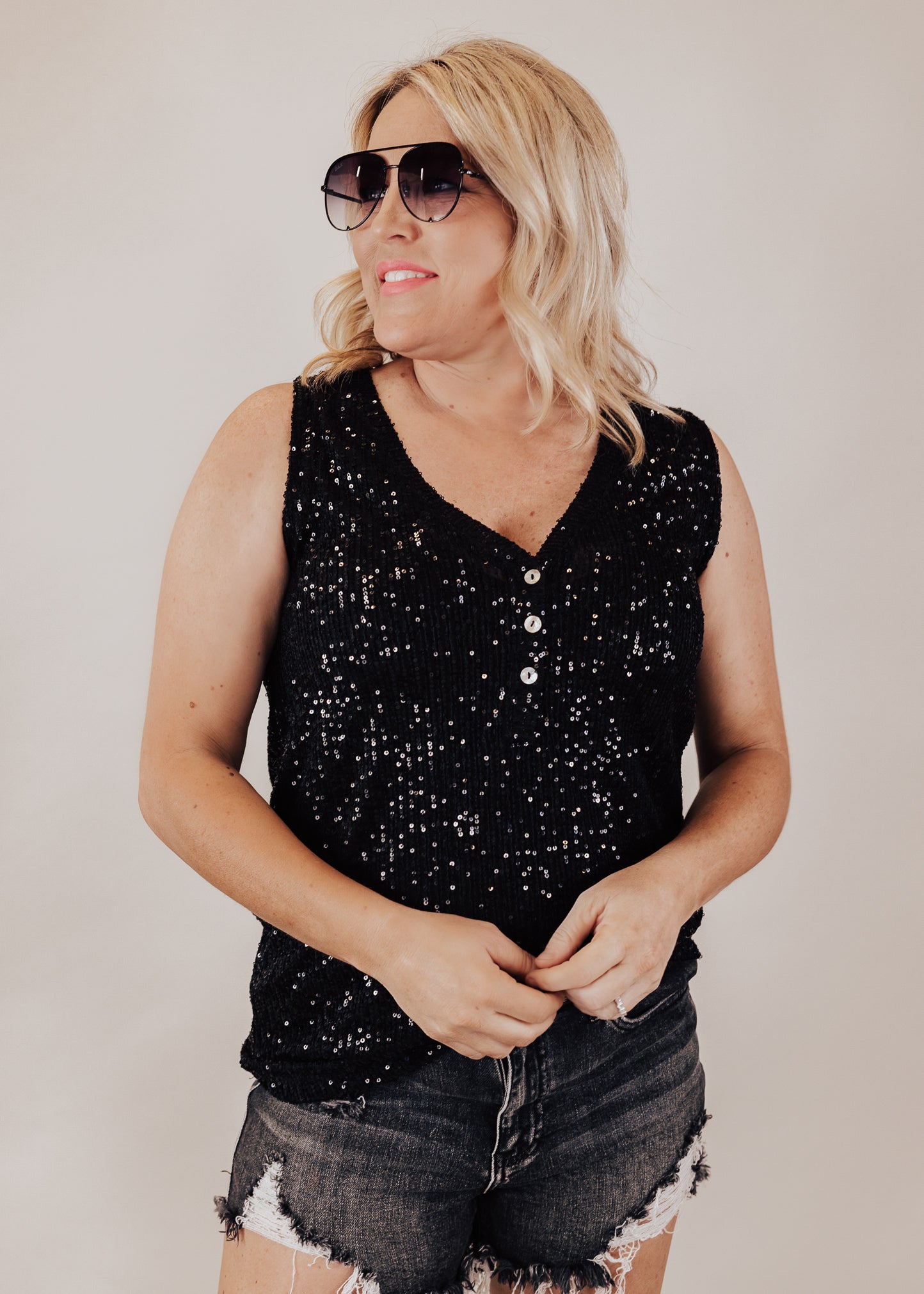 SMALL: Pol Sequin Sleeveless Top *BLACK