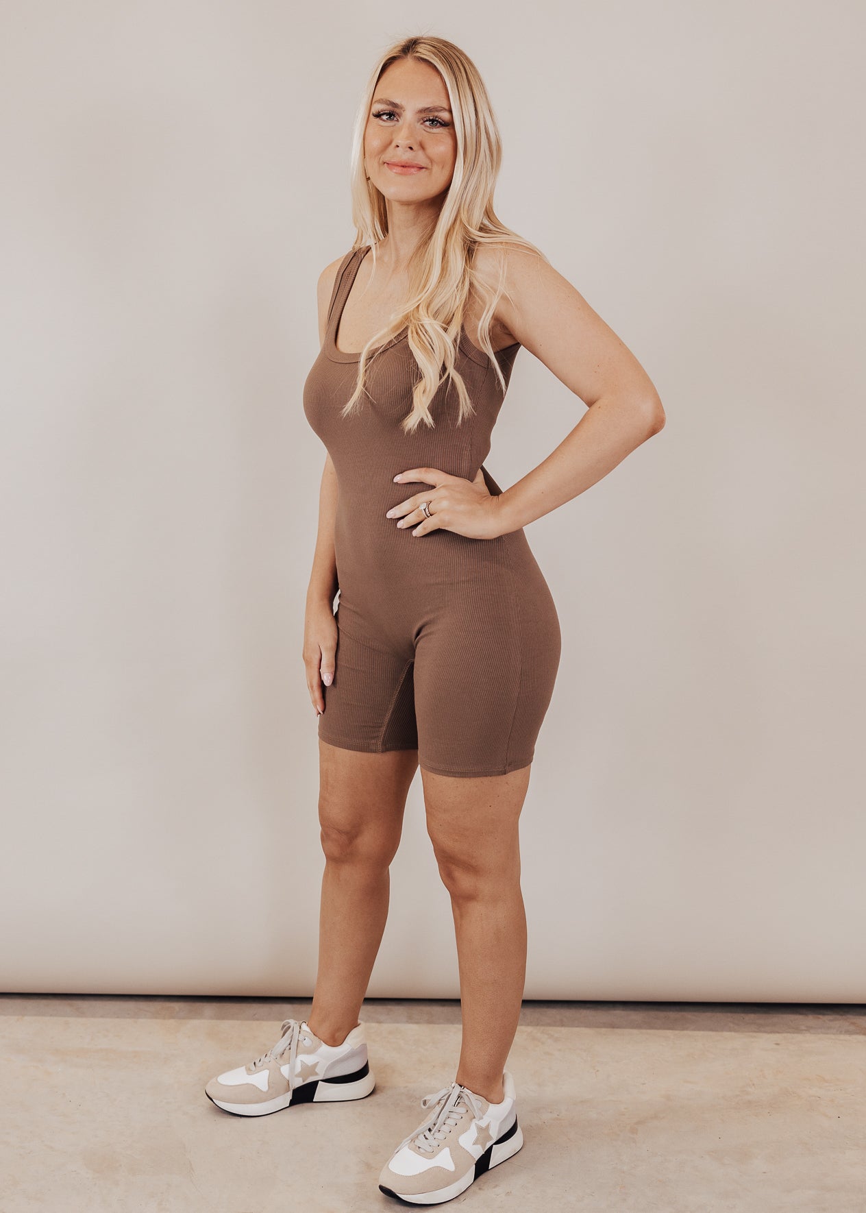 Rib Fitted Romper *MOCHA