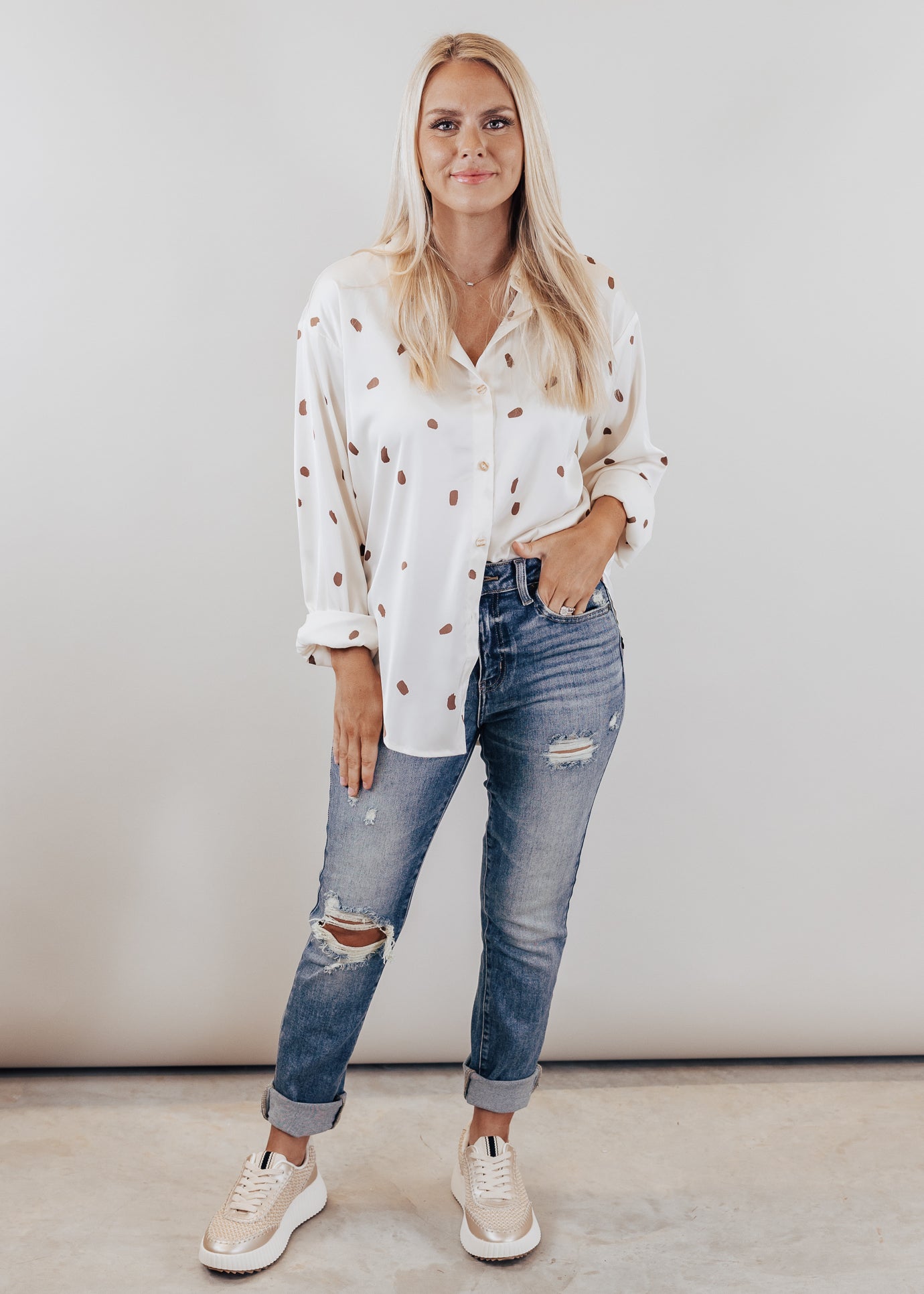 Silky Button Down Top (S-3X) *CREAM/BROWN