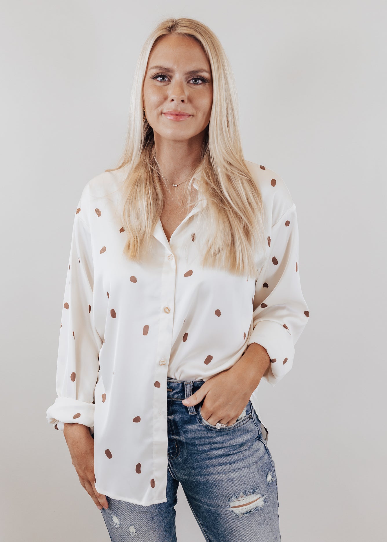 Silky Button Down Top (S-3X) *CREAM/BROWN