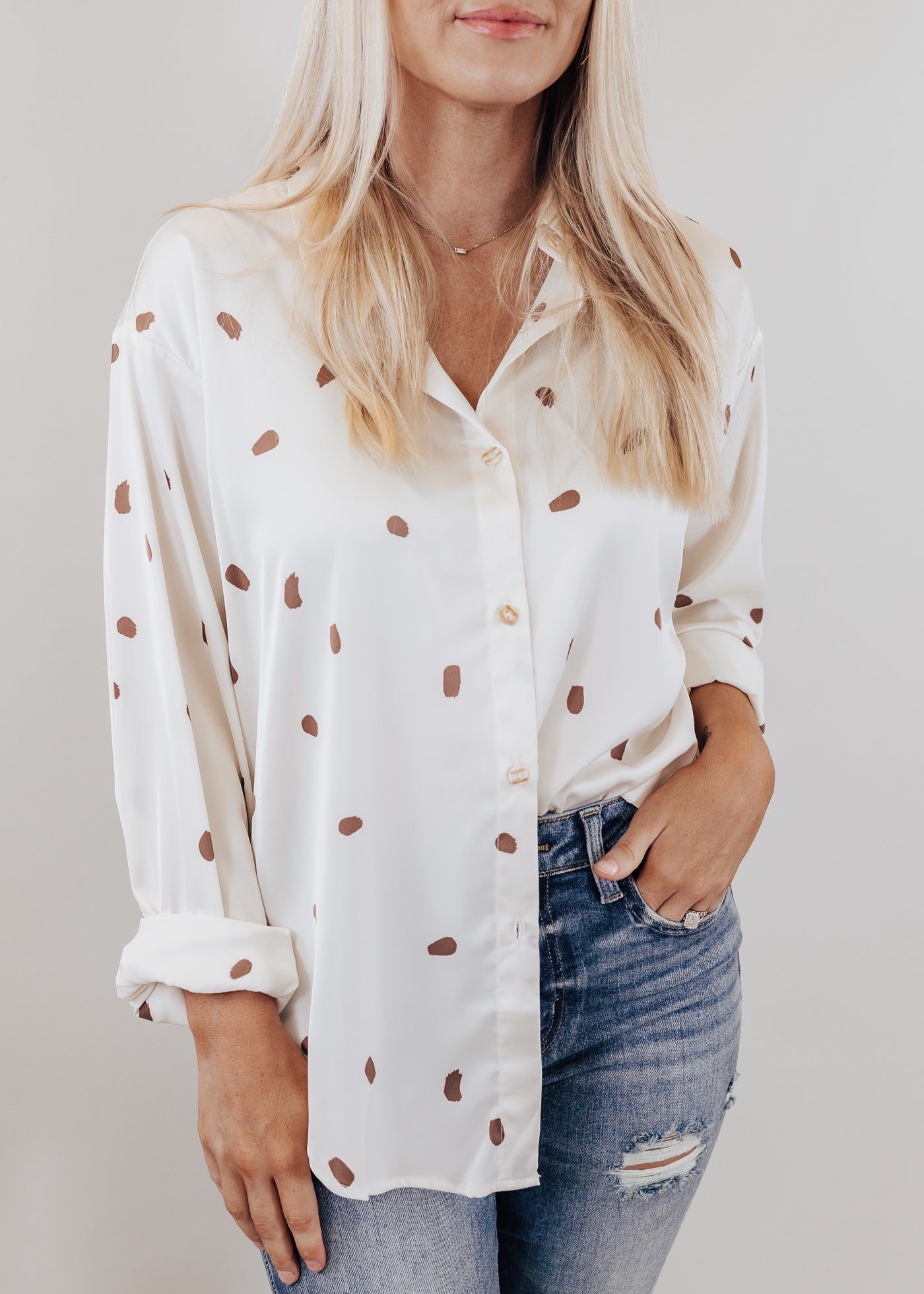 Silky Button Down Top (S-3X) *CREAM/BROWN