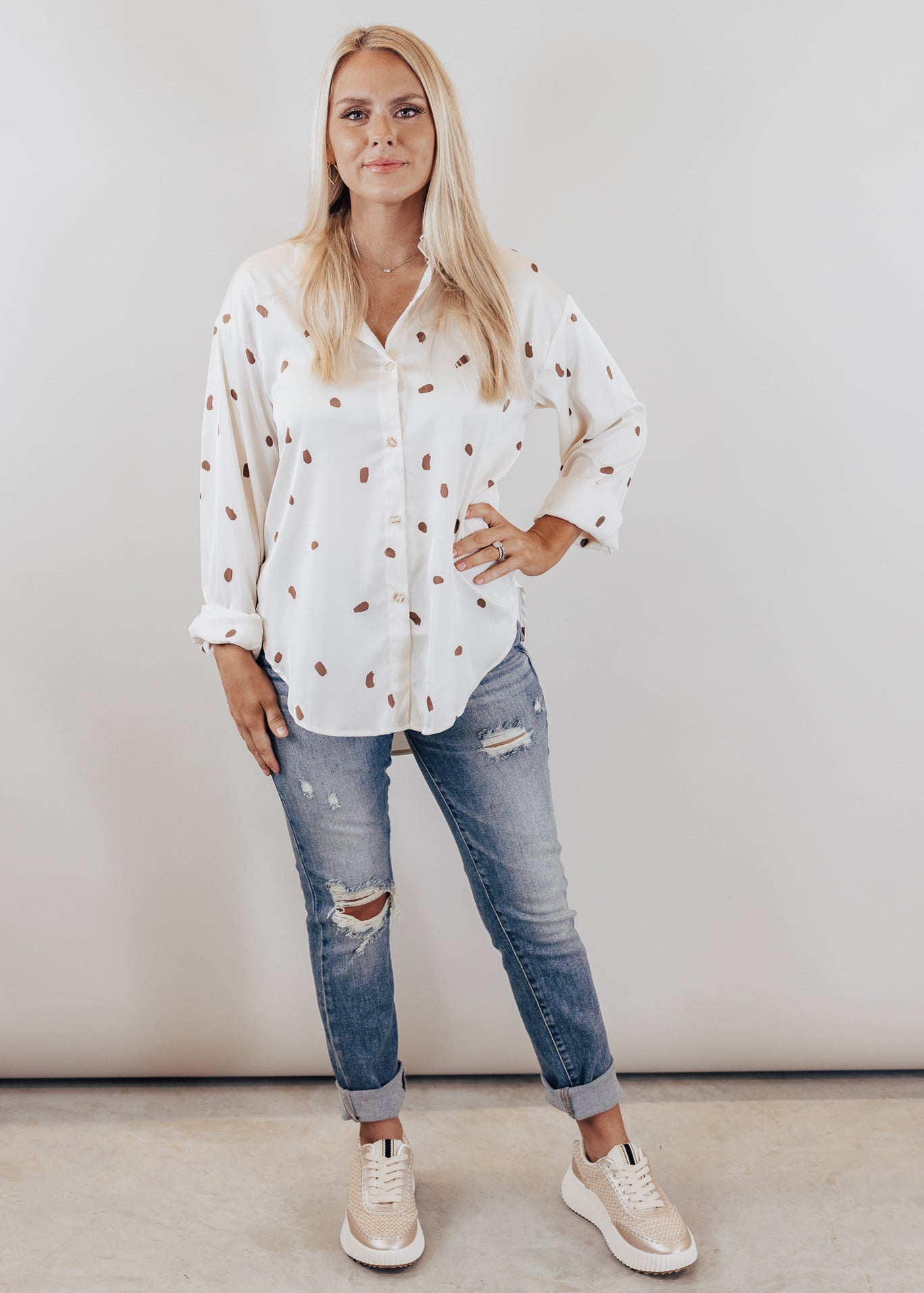 Silky Button Down Top (S-3X) *CREAM/BROWN