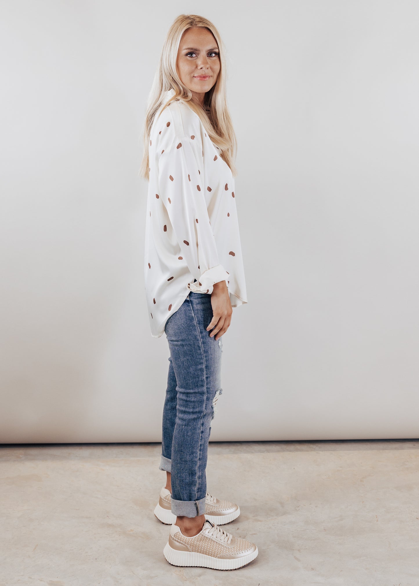 Silky Button Down Top (S-3X) *CREAM/BROWN