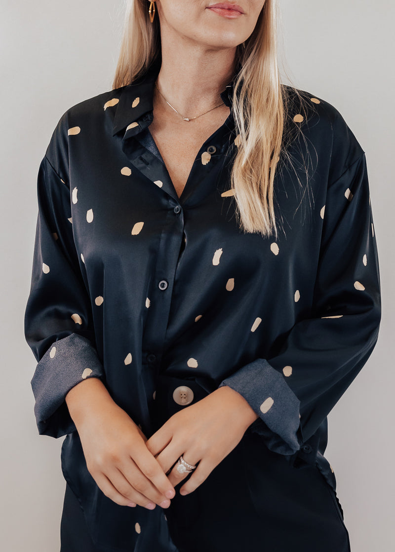 Silky Button Down Top (S-3X) *BLACK/TAUPE