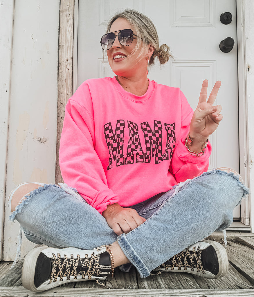 PRE-ORDER: Mama Outline Checkered Sweatshirt *7 Colors (S-3X)