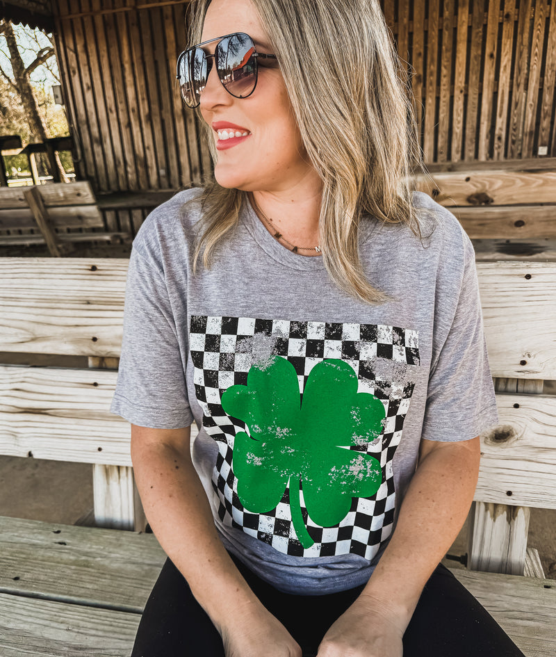 Pre Order: Checkered Shamrock Tee *GREY (S-3X)