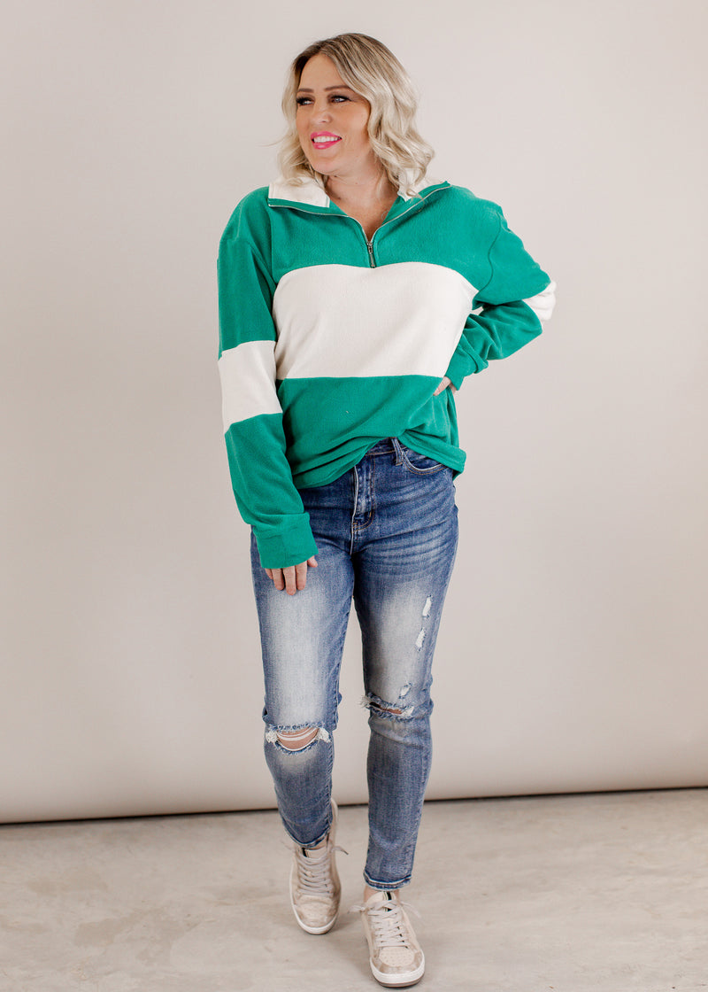 Color Block Fleece Zip Up Top (S-XL) *JADE