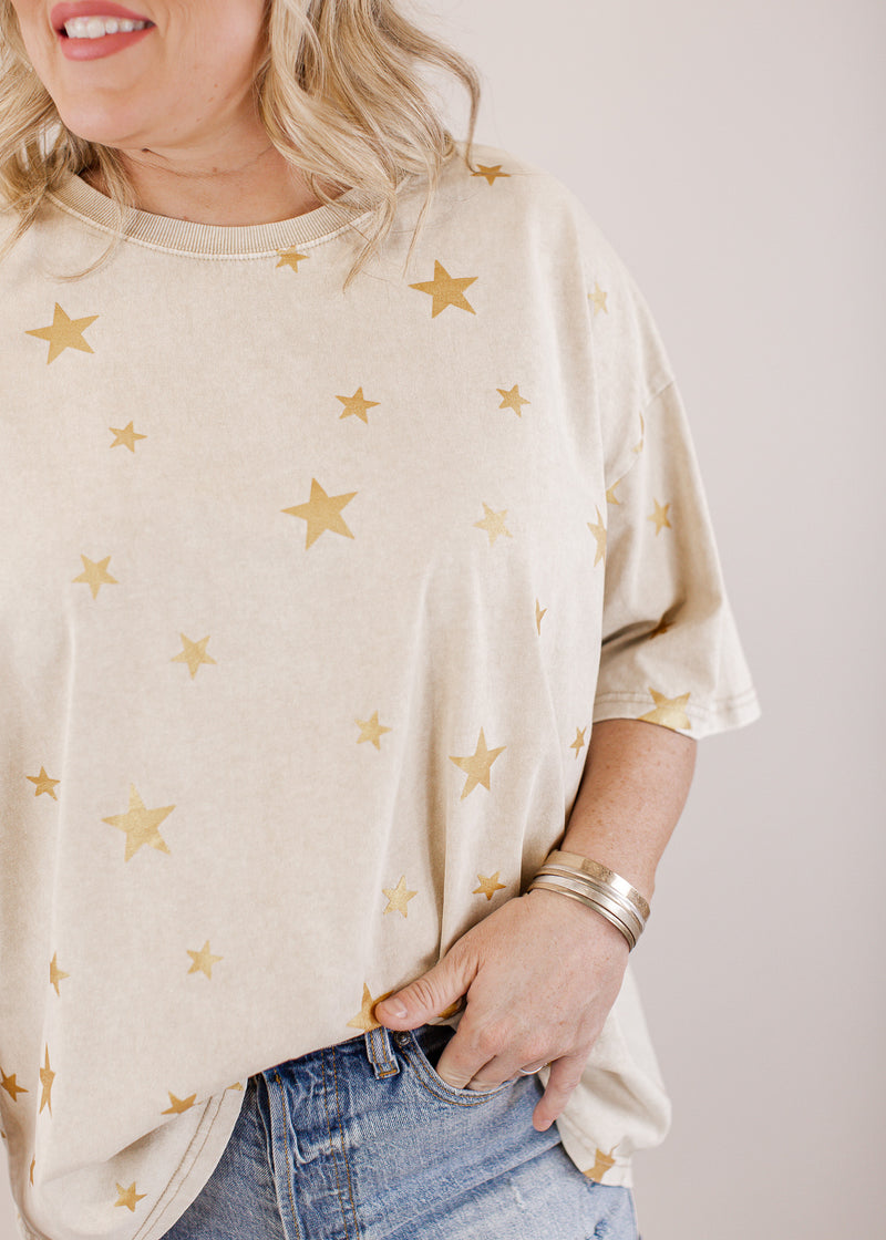 Oversized Boxy Gold Star Top ( CAN FIT XL) *WASHED KHAKI