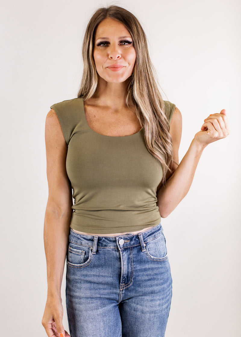 Scoop Neck Crop Fitted Top *OLIVE