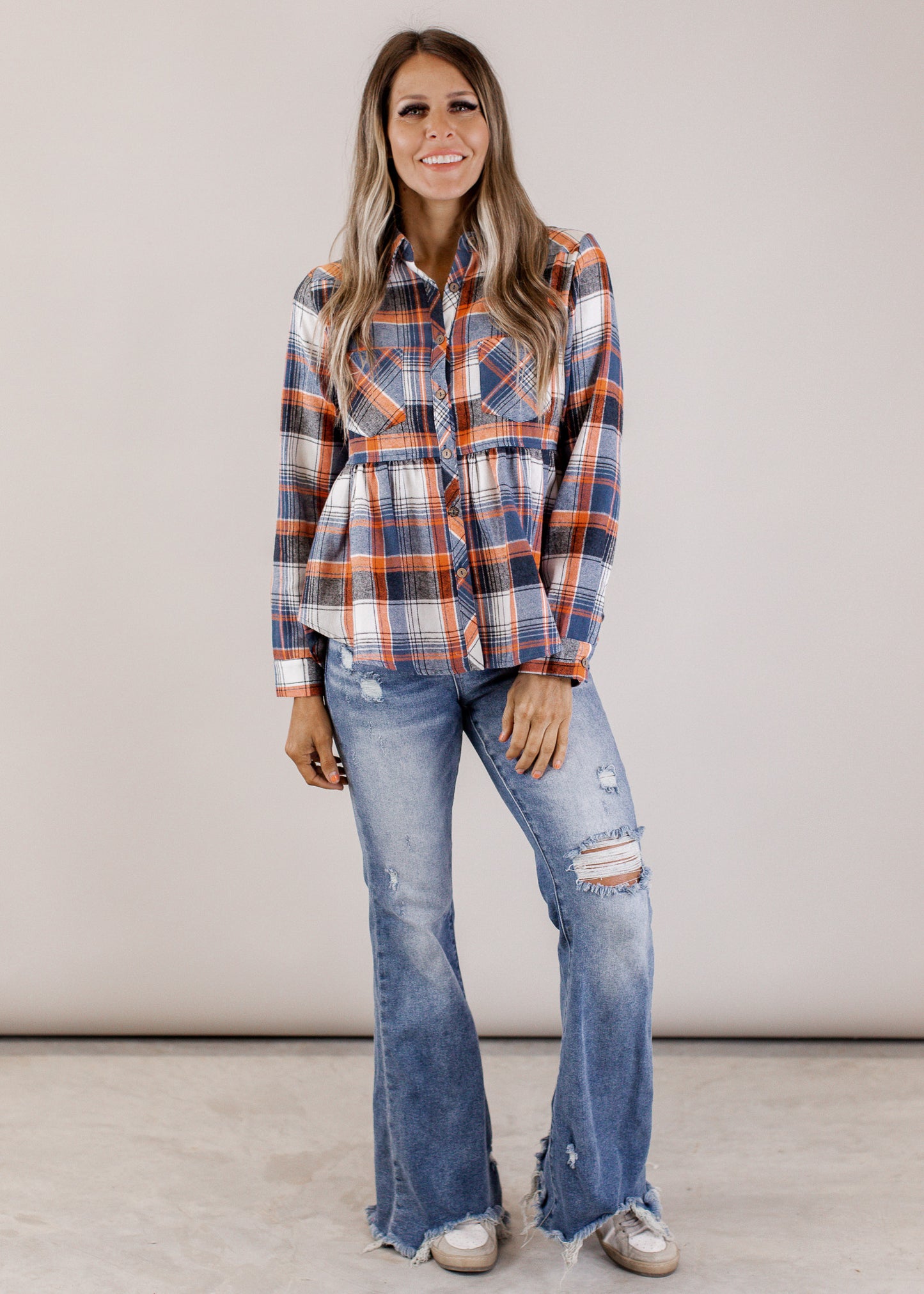 SMALL: Orange Denim Blue Babydoll Top