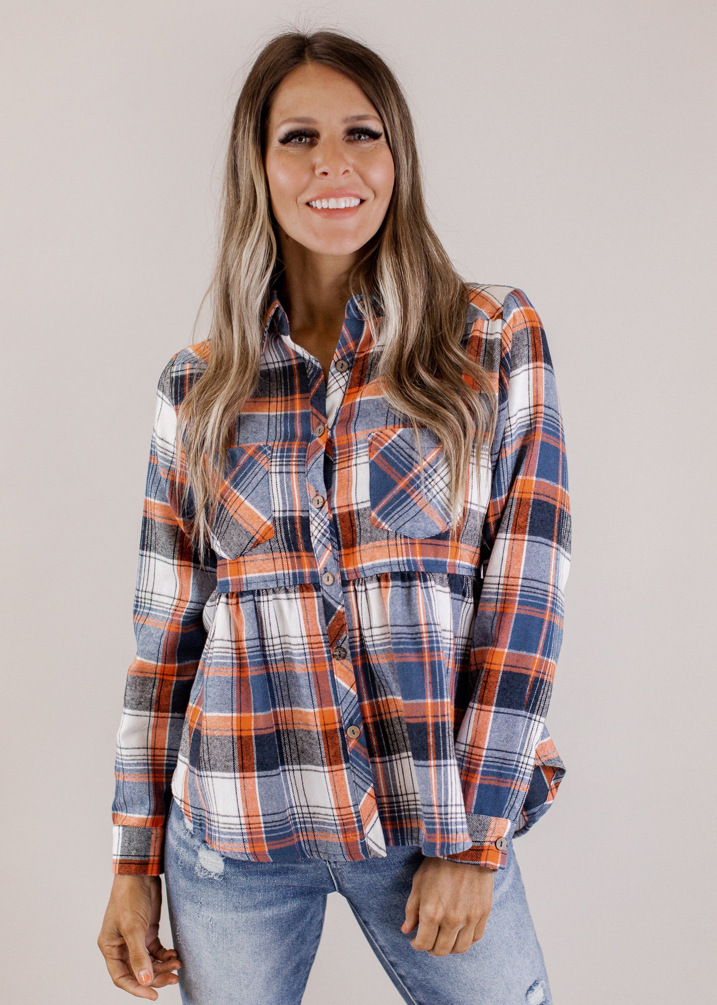 SMALL: Orange Denim Blue Babydoll Top