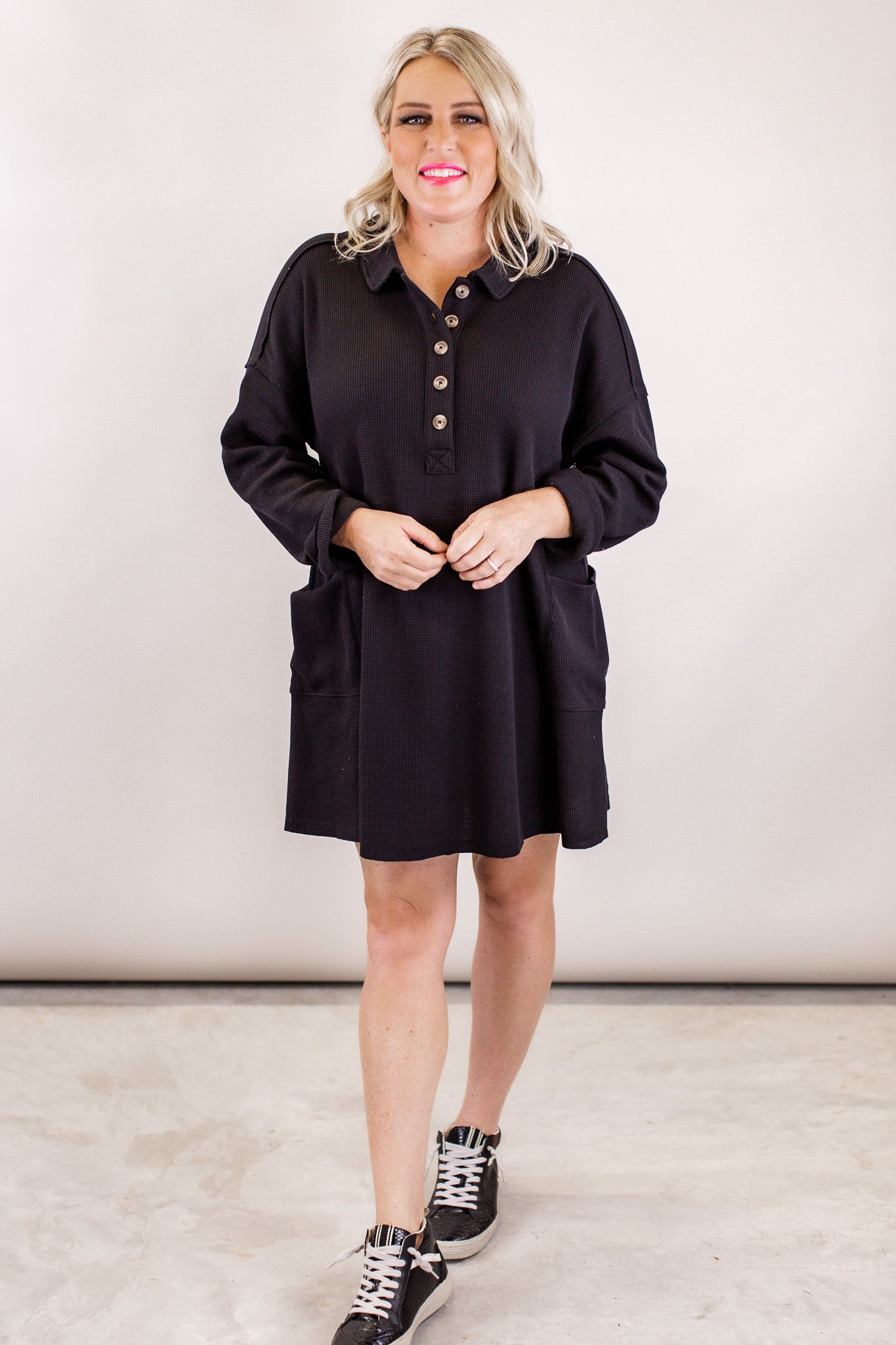 Thermal Waffle Dress (S-3X) *BLACK