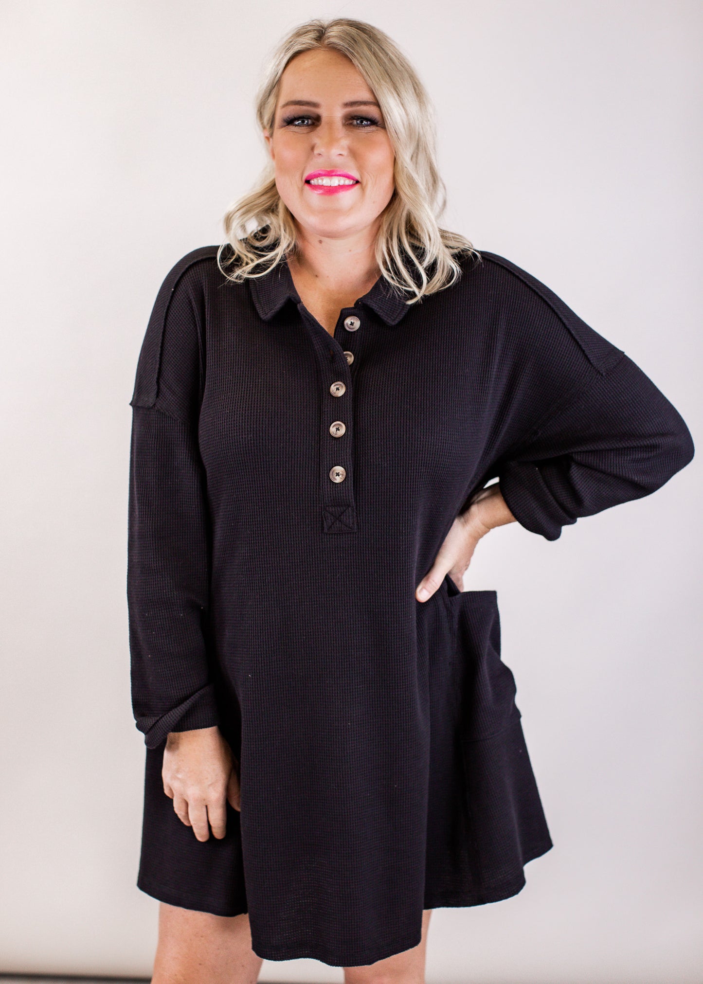 Thermal Waffle Dress (S-3X) *BLACK