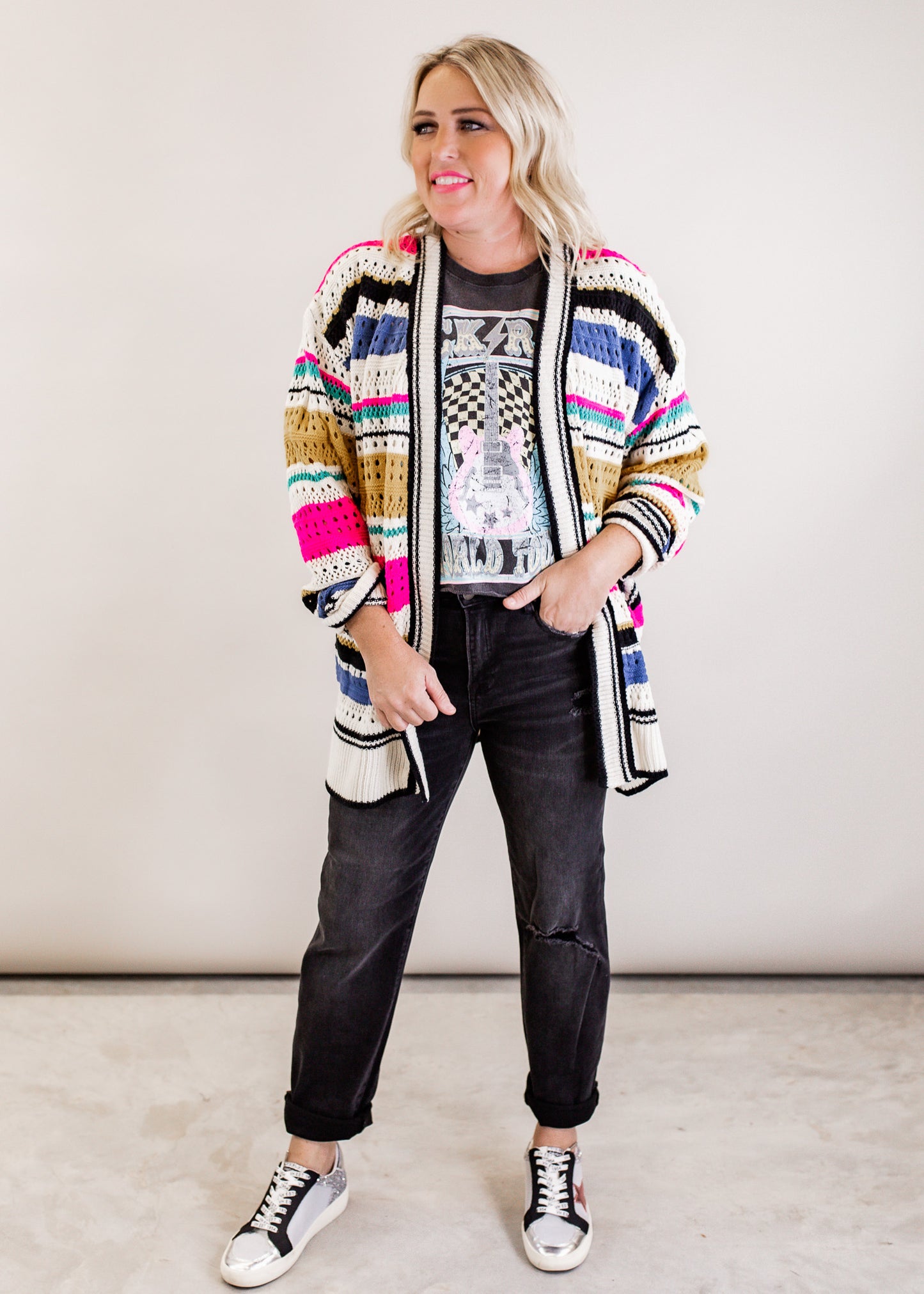 Stripe Pointelle Cardigan (S-XL) *MULTI
