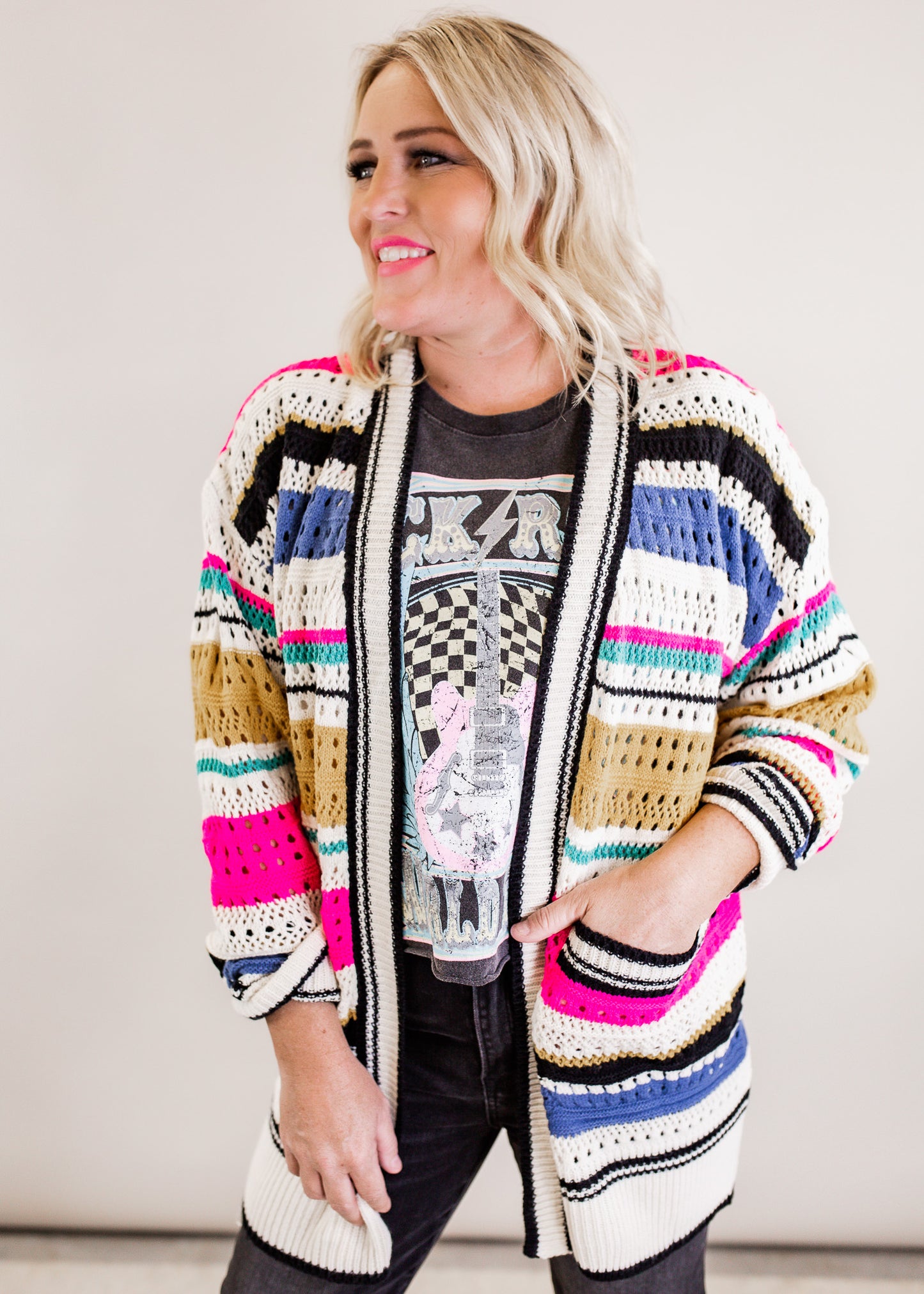 Stripe Pointelle Cardigan (S-XL) *MULTI