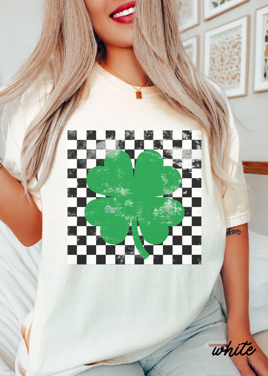 Pre Order: Checkered Shamrock Tee *WHITE (S-3X)