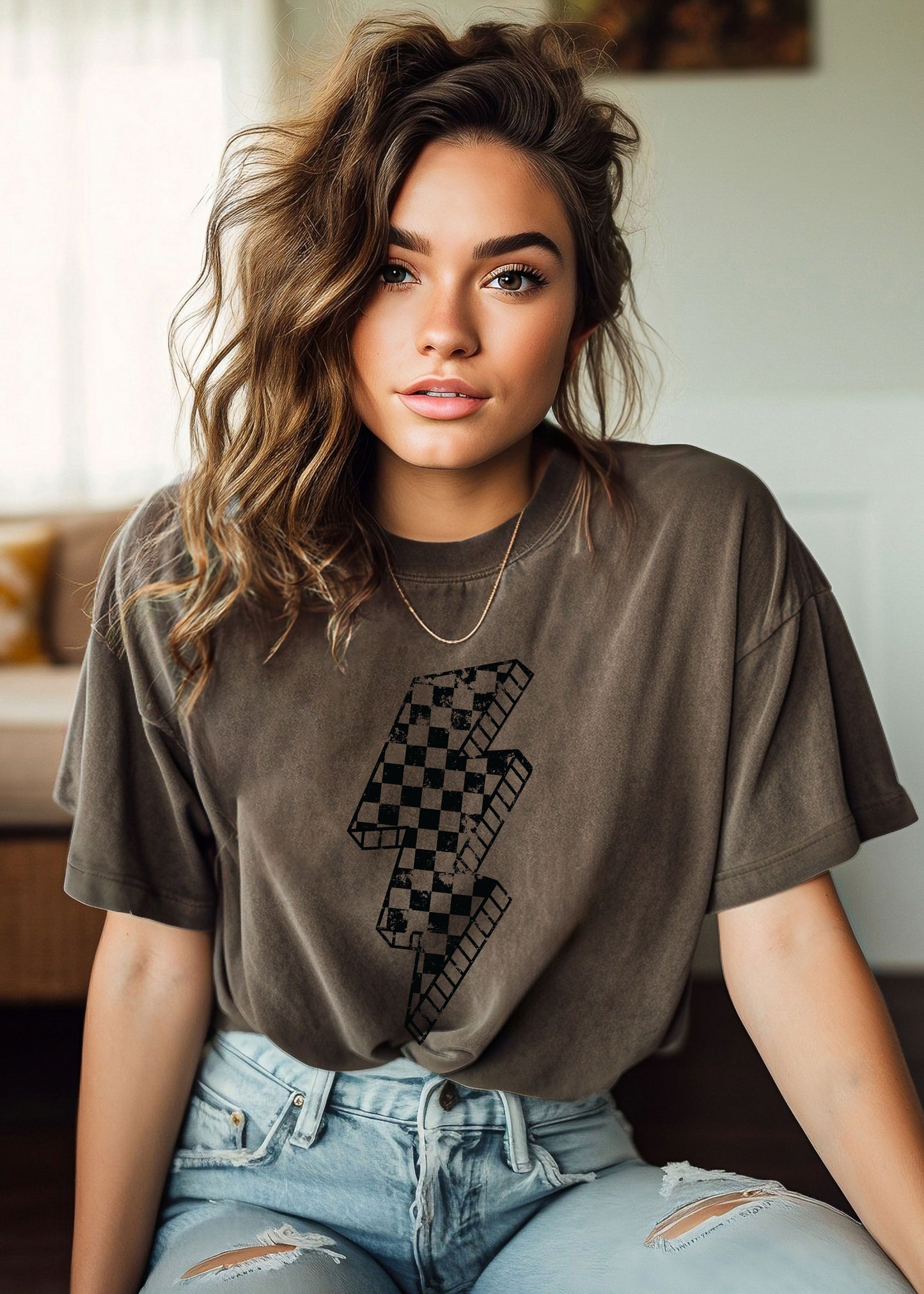 Pre-Order: Checkered Bolt Tee *Espresso (S-3X)