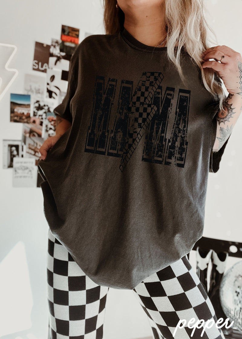 PRE-ORDER: Checkered Bolt MAMA Tee *10 Colors Black Ink (S-3X)