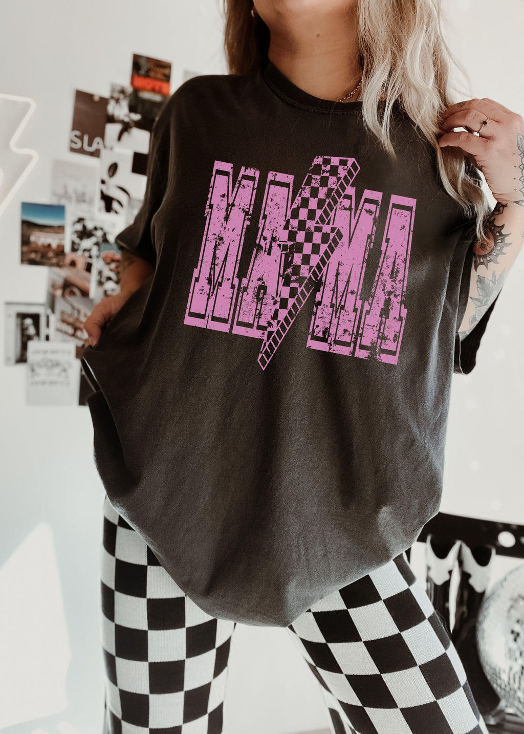 PRE-ORDER: Checkered Bolt MAMA Tee *Pepper w/ Pink Ink (S-3X)