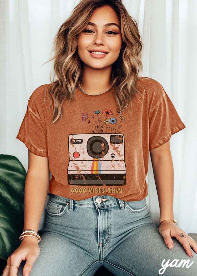 *Colored Floral Camera Tee *6 Colors (S-3X)