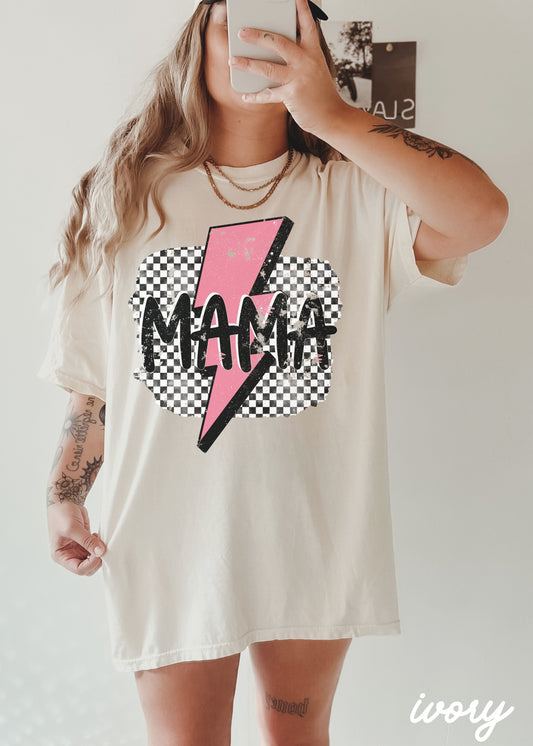 *Mama Pink Bolt Checkered Tee *6 Colors (S-3X)