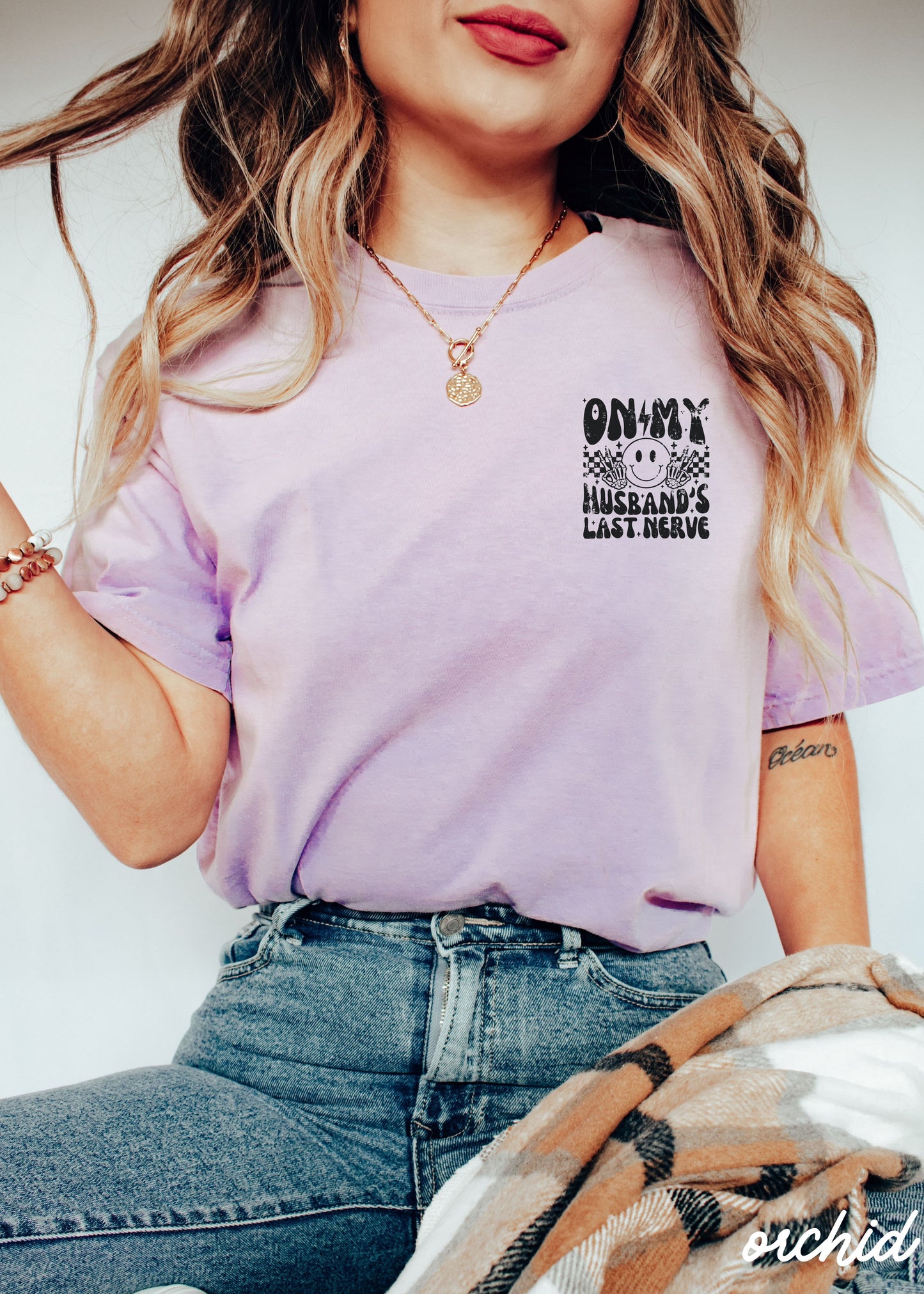 *Husbands Last Nerve BACK PRINT Tee *8 Colors (S-3X)