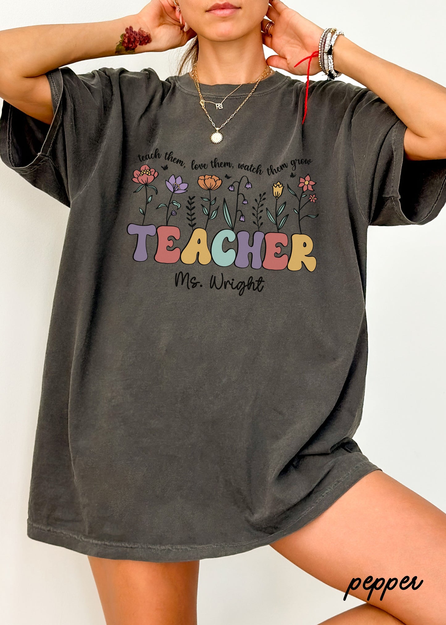 *Personalized Floral Teacher Tee *9 Colors (S-4X)