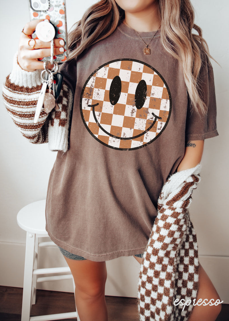 *Fall Checkered Happy Face Tee *6 Colors (S-3X)