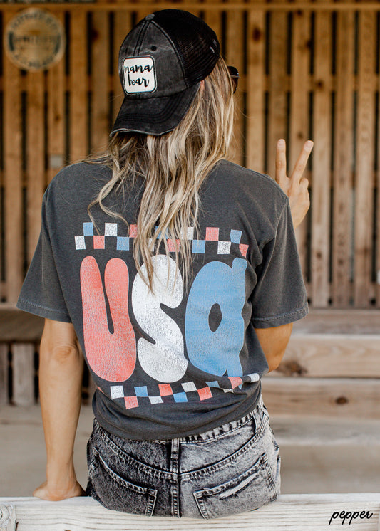 Retro Checkered USA Tee *5 Colors (S-3X)