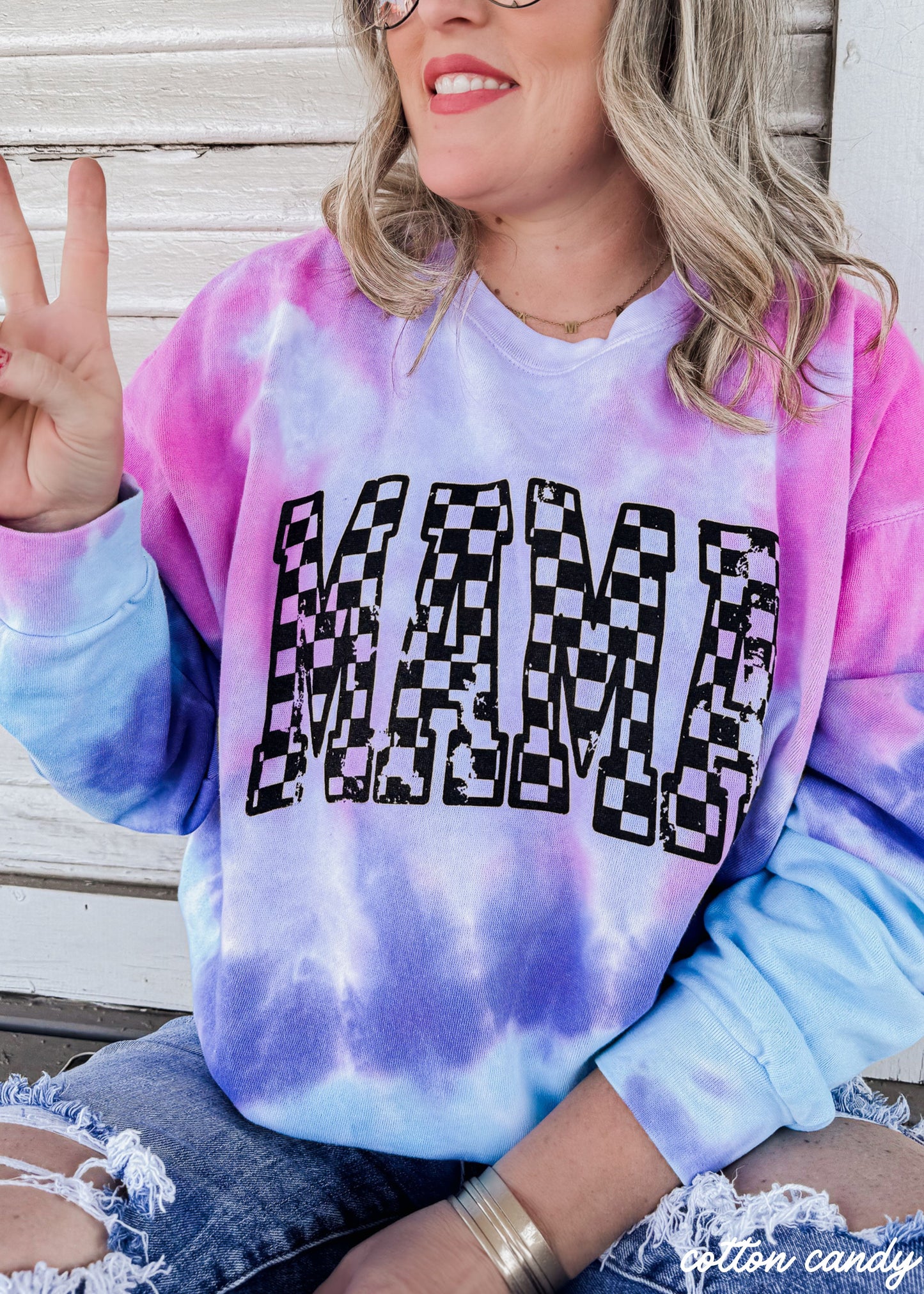 Mama Checkered Outline Tie Dye Sweatshirt *2 Colors (S-3X)