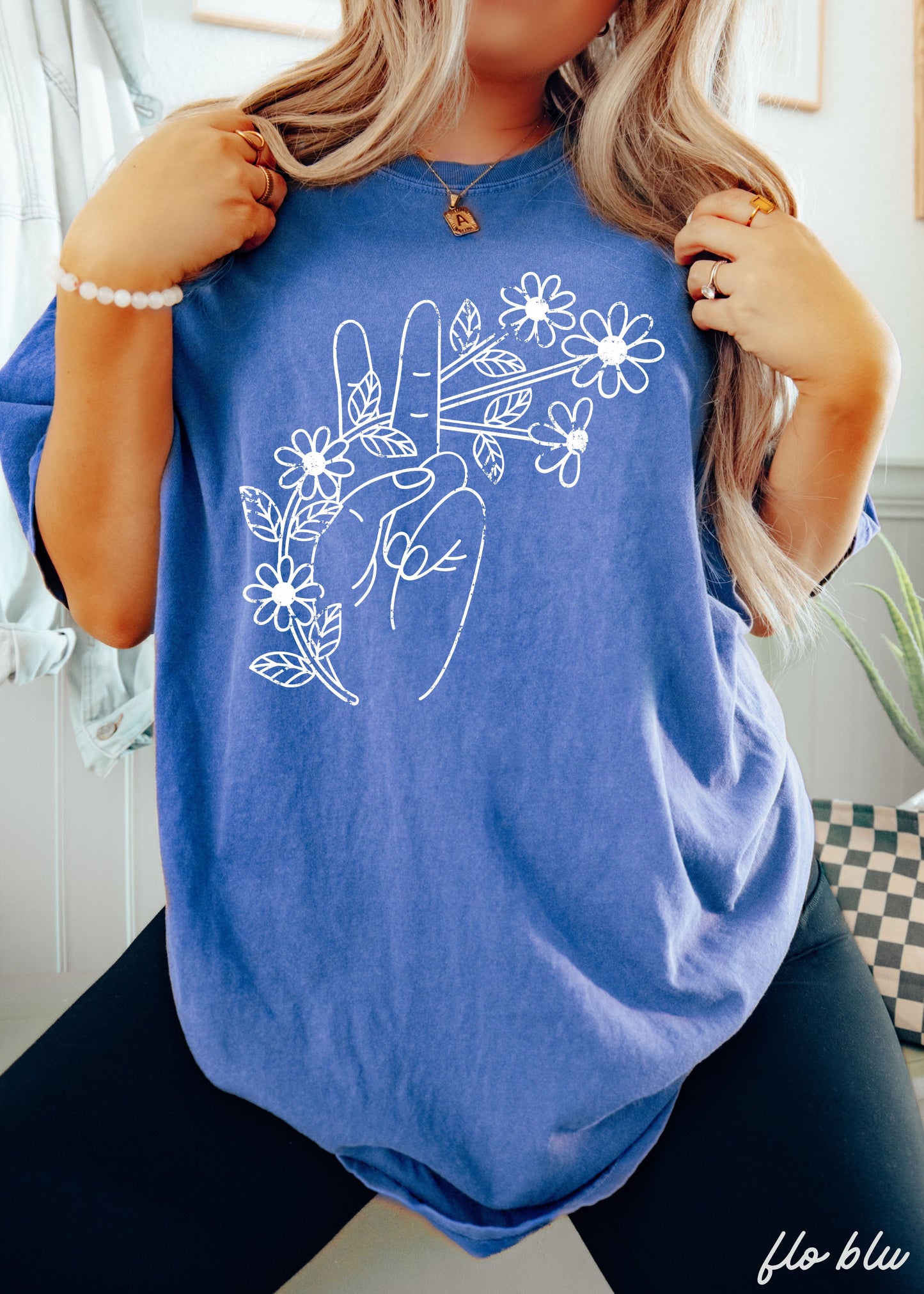 Floral Hand Peace Sign Tee *21 Colors (S-3X)