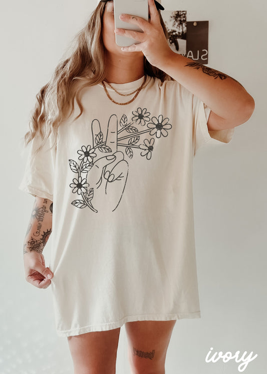 Floral Hand Peace Sign Tee *21 Colors (S-3X)