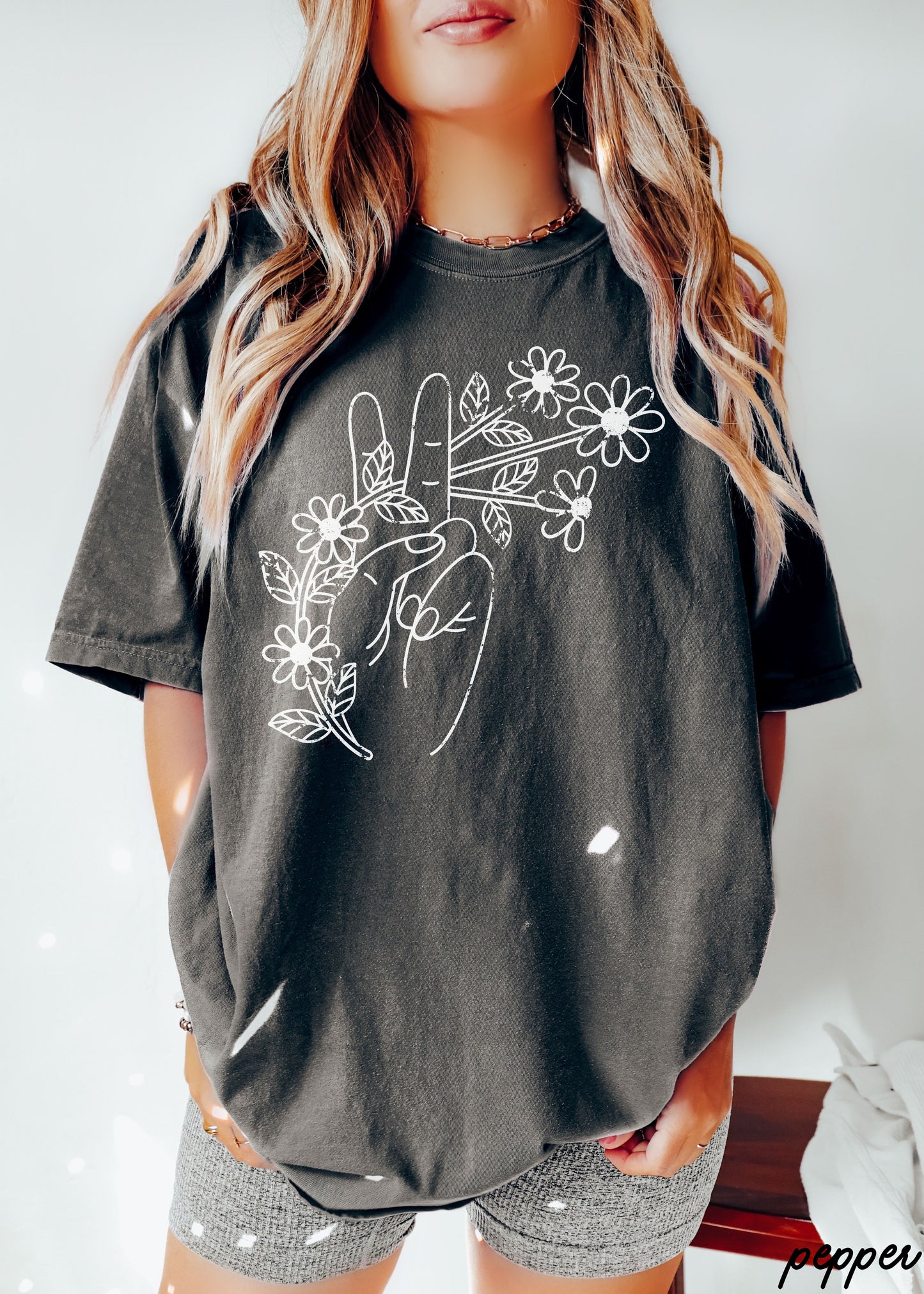 Floral Hand Peace Sign Tee *21 Colors (S-3X)