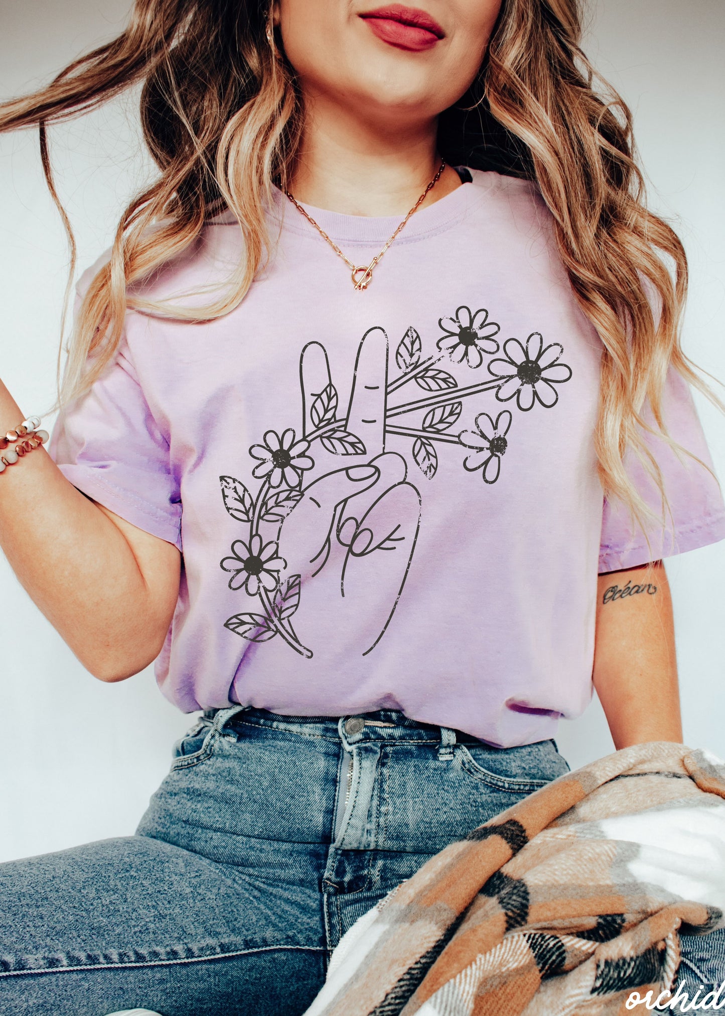Floral Hand Peace Sign Tee *21 Colors (S-3X)