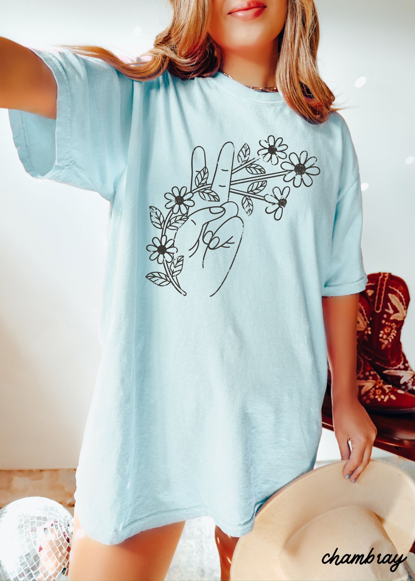 Floral Hand Peace Sign Tee *21 Colors (S-3X)