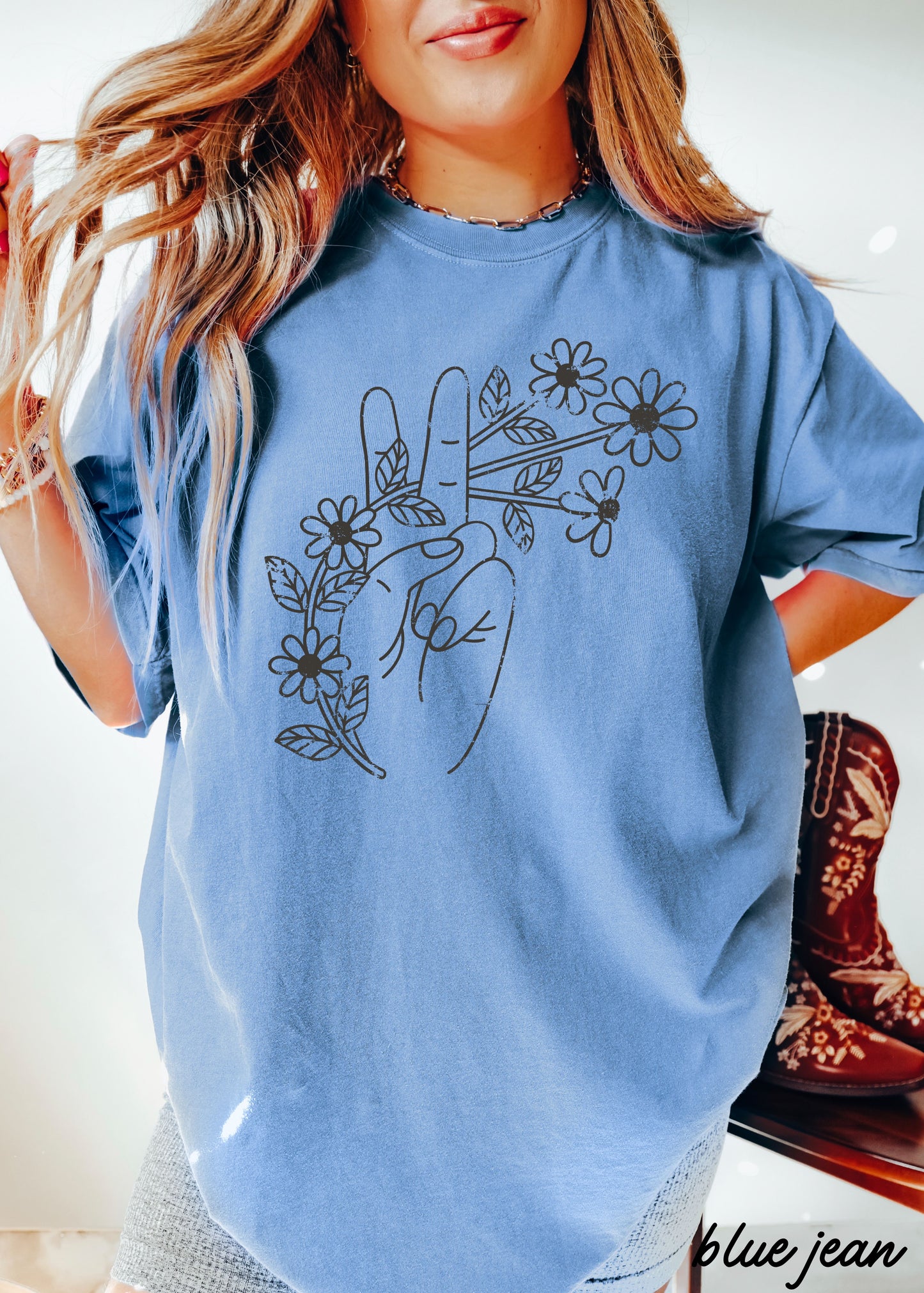 Floral Hand Peace Sign Tee *21 Colors (S-3X)