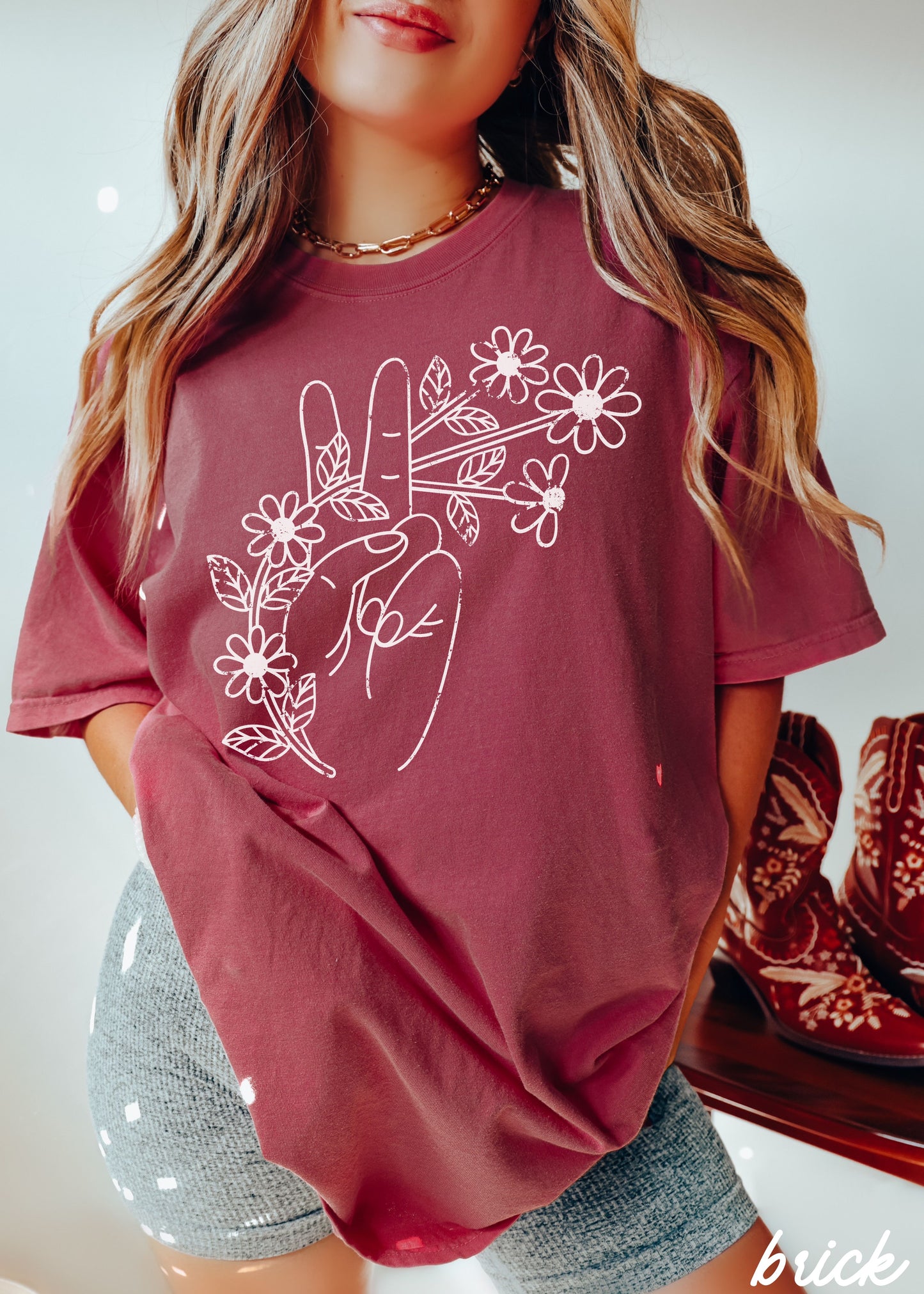 Floral Hand Peace Sign Tee *21 Colors (S-3X)