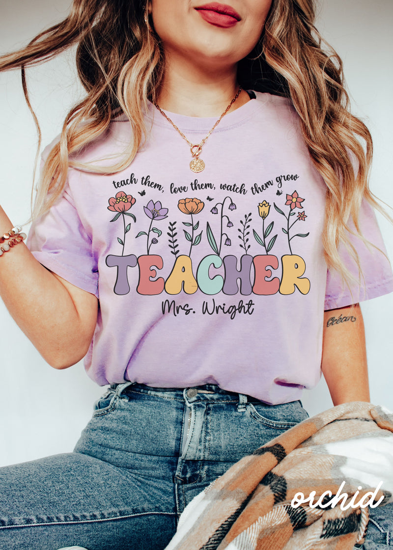 *Personalized Floral Teacher Tee *9 Colors (S-4X)