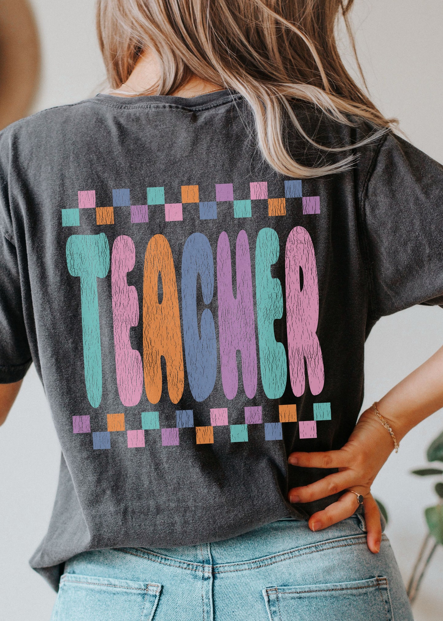 *Checkered Teacher Back Print Tee *6 Colors (S-4X)