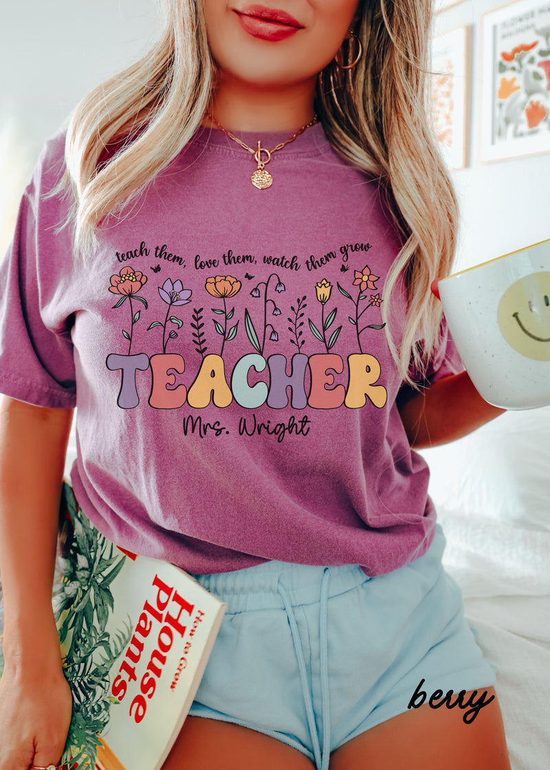 *Personalized Floral Teacher Tee *9 Colors (S-4X)