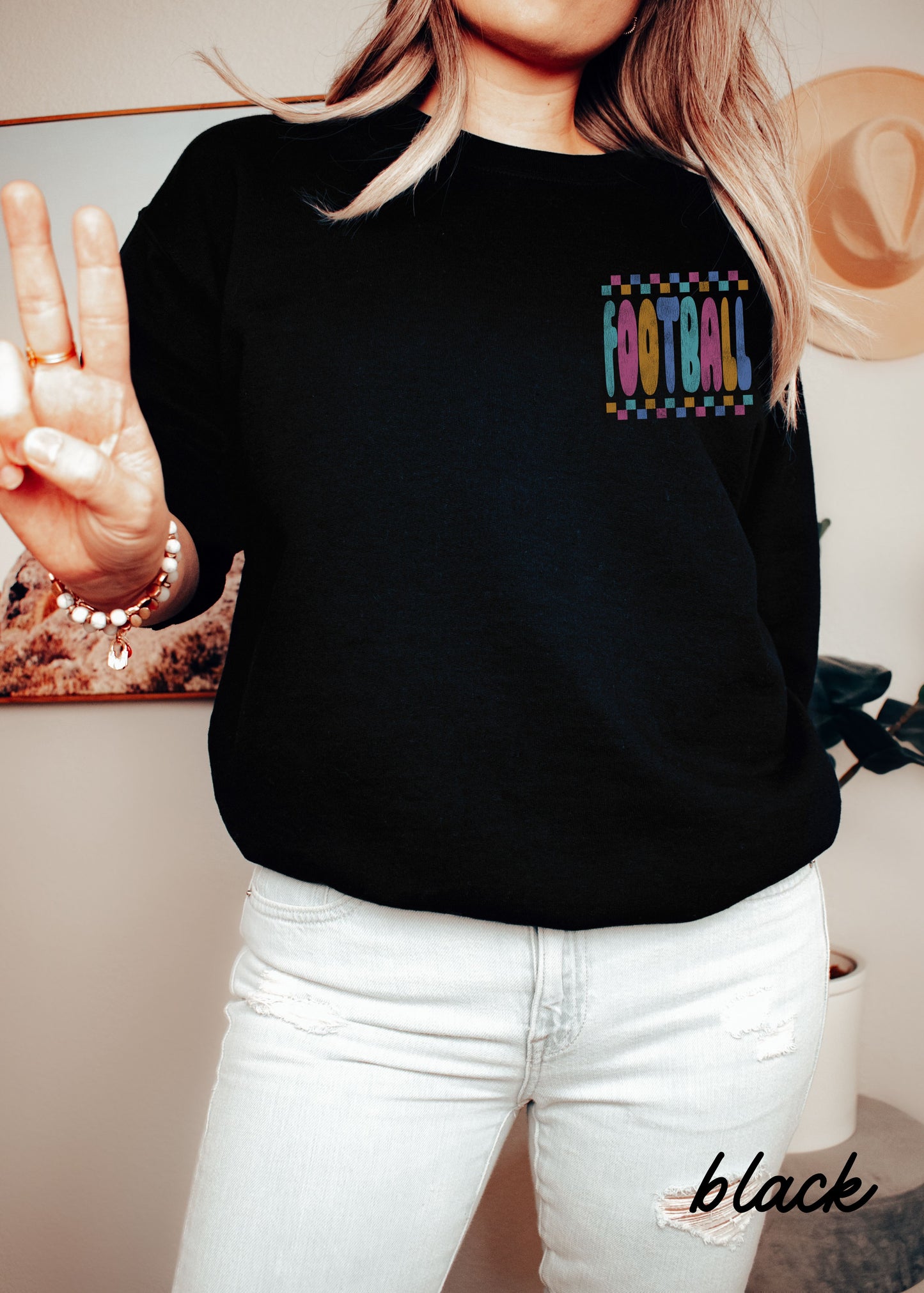 *FOOTBALL Checkered Back Print Sweatshirt *5 Colors (S-5X)