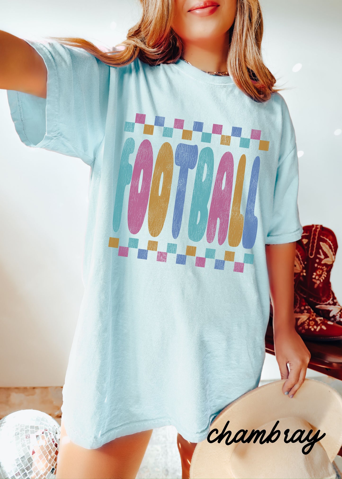 *FOOTBALL Checkered Tee *11 Colors (S-4X)