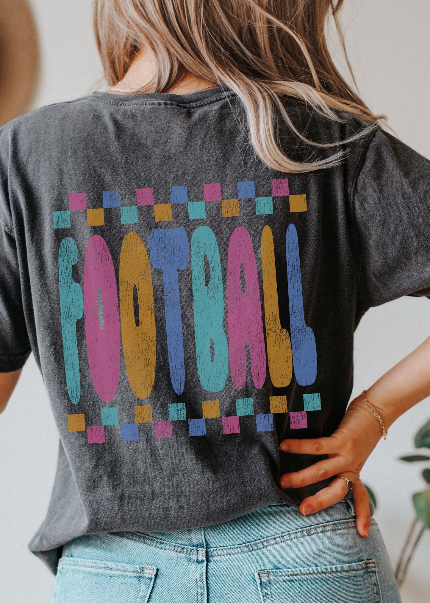 *FOOTBALL Checkered Back Print Tee *10 Colors (S-4X)