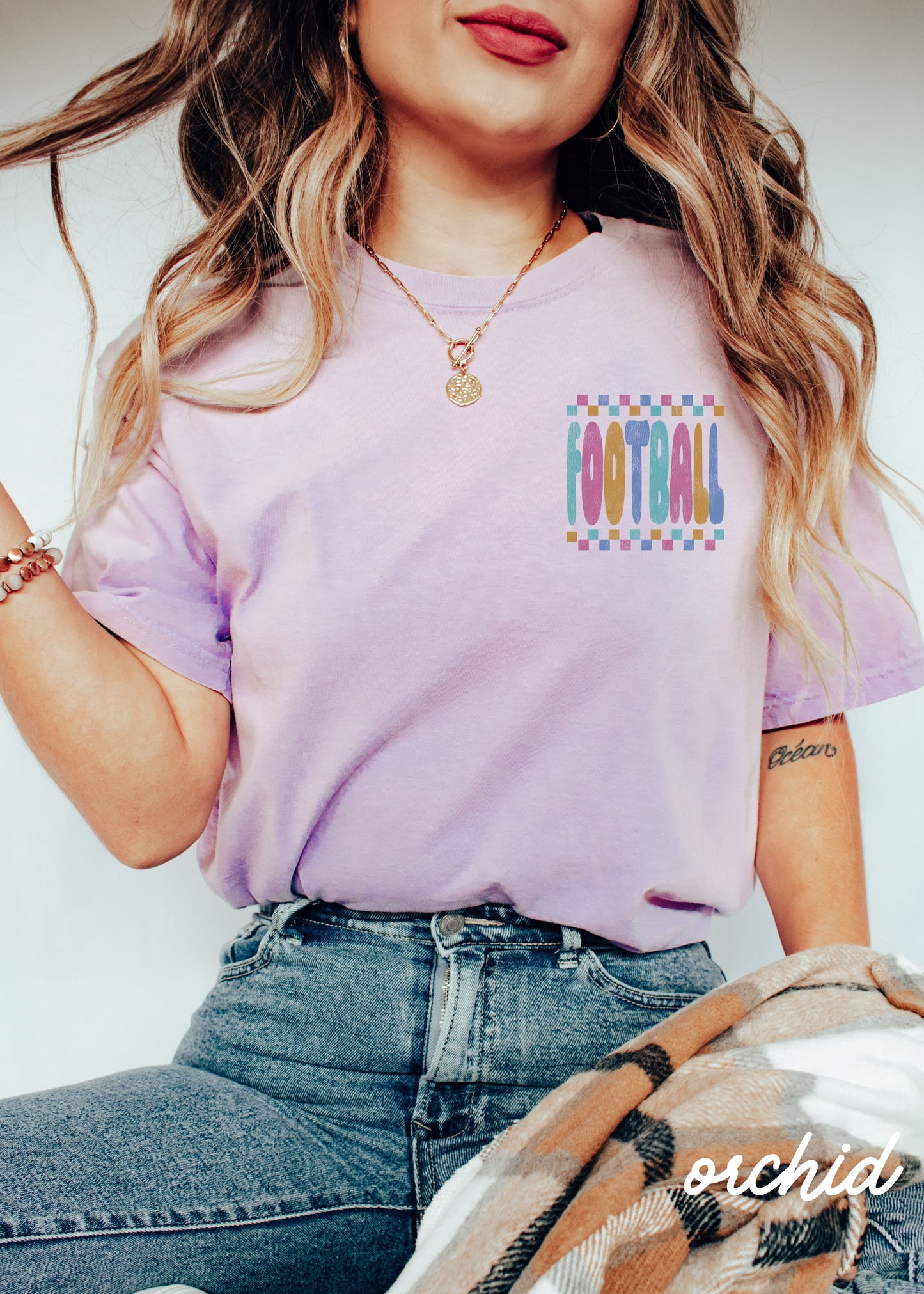 *FOOTBALL Checkered Back Print Tee *10 Colors (S-4X)