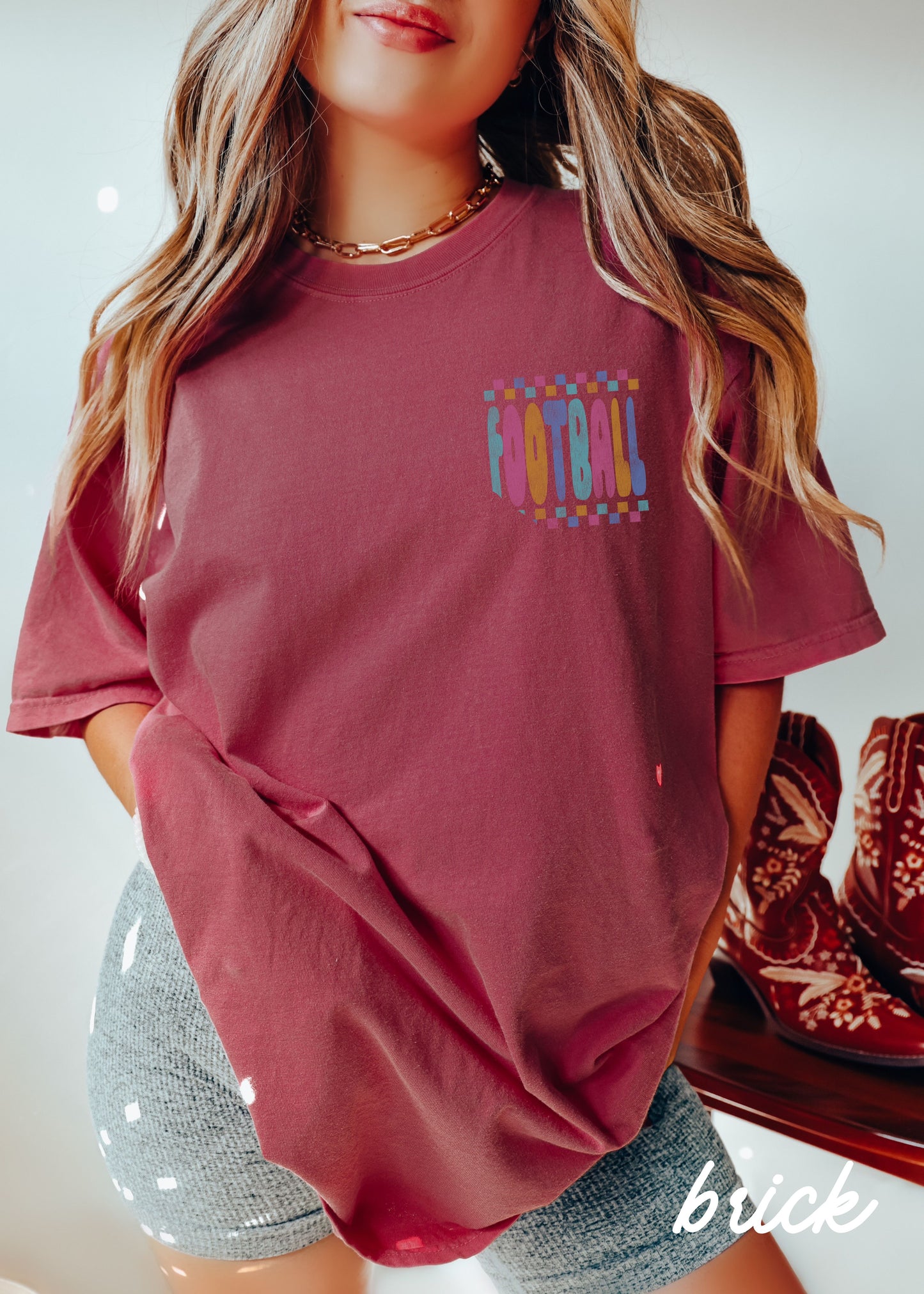 *FOOTBALL Checkered Back Print Tee *10 Colors (S-4X)