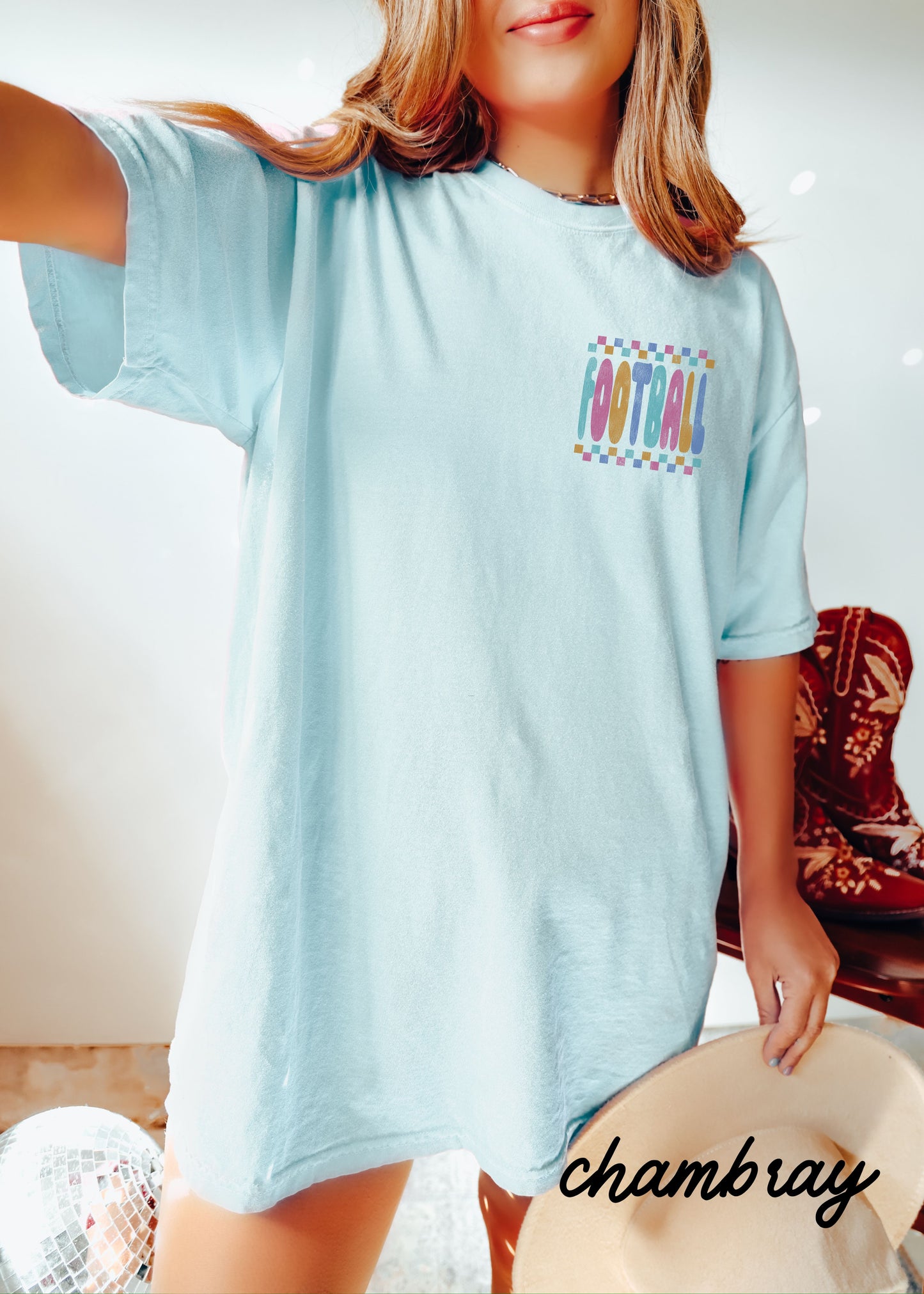 *FOOTBALL Checkered Back Print Tee *10 Colors (S-4X)