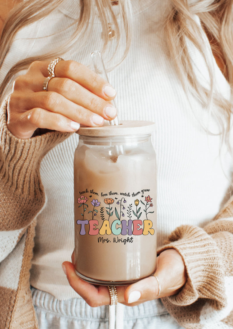 *Personalized Floral Teacher Glass Sipper Cup