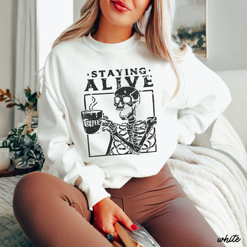 Pre-Order: Staying Alive Skeleton Coffee Sweatshirt *6 Colors (S-3X)