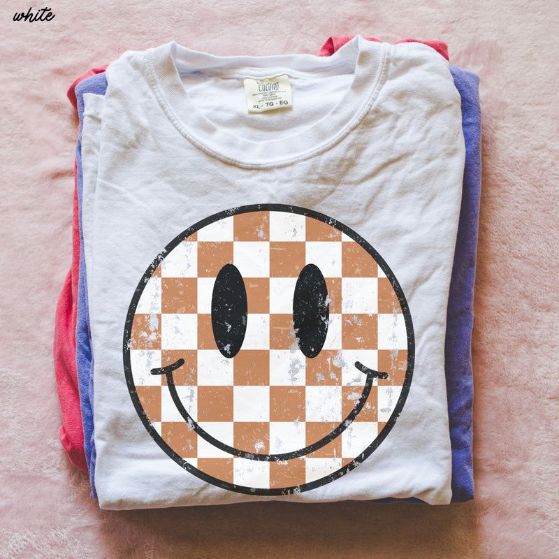 *Fall Checkered Happy Face Tee *6 Colors (S-3X)