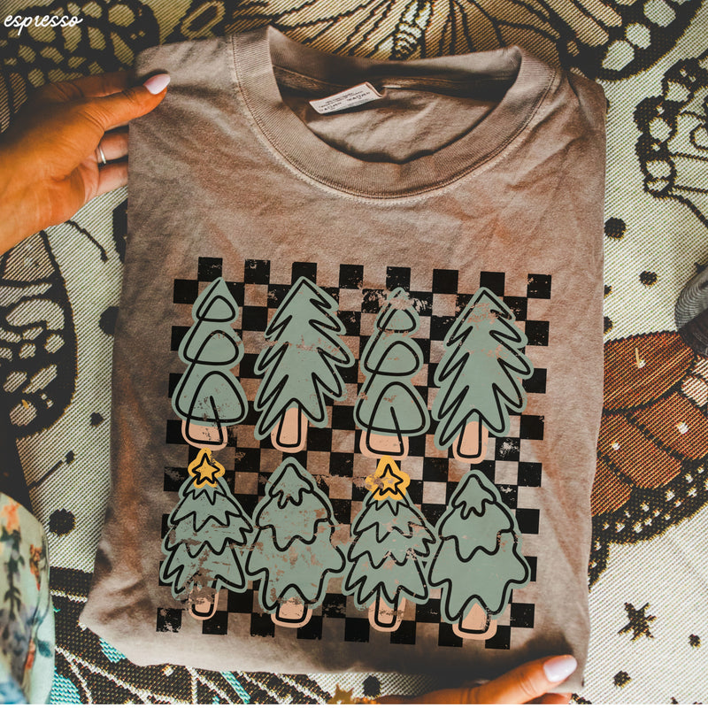 *Cute Checkered Trees Tee *7 Colors (S-3X)